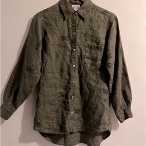 Chico's Design Womens Linen Button Up Shirt Size 0 Long Sleeve Aztec Mayan Green